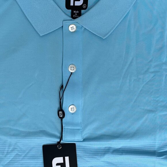 Men's FJ Foot Joy 3 Button Knit SS Golf Shirt Size Large NWT Turquoise Stripped - Picture 3 of 4